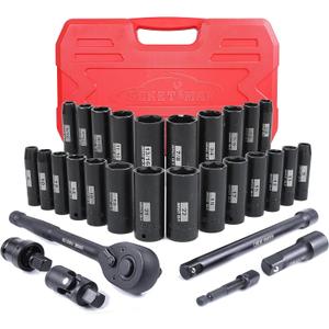 SEKETMAN 30pcs 3/8 Inch Impact socket set, Deep socket set, Metric/SAE,(5/16"-7/8",8mm-22mm),CR-V Steel, Includes Extension Bar, Universal Joint and Ratchet Handle.
