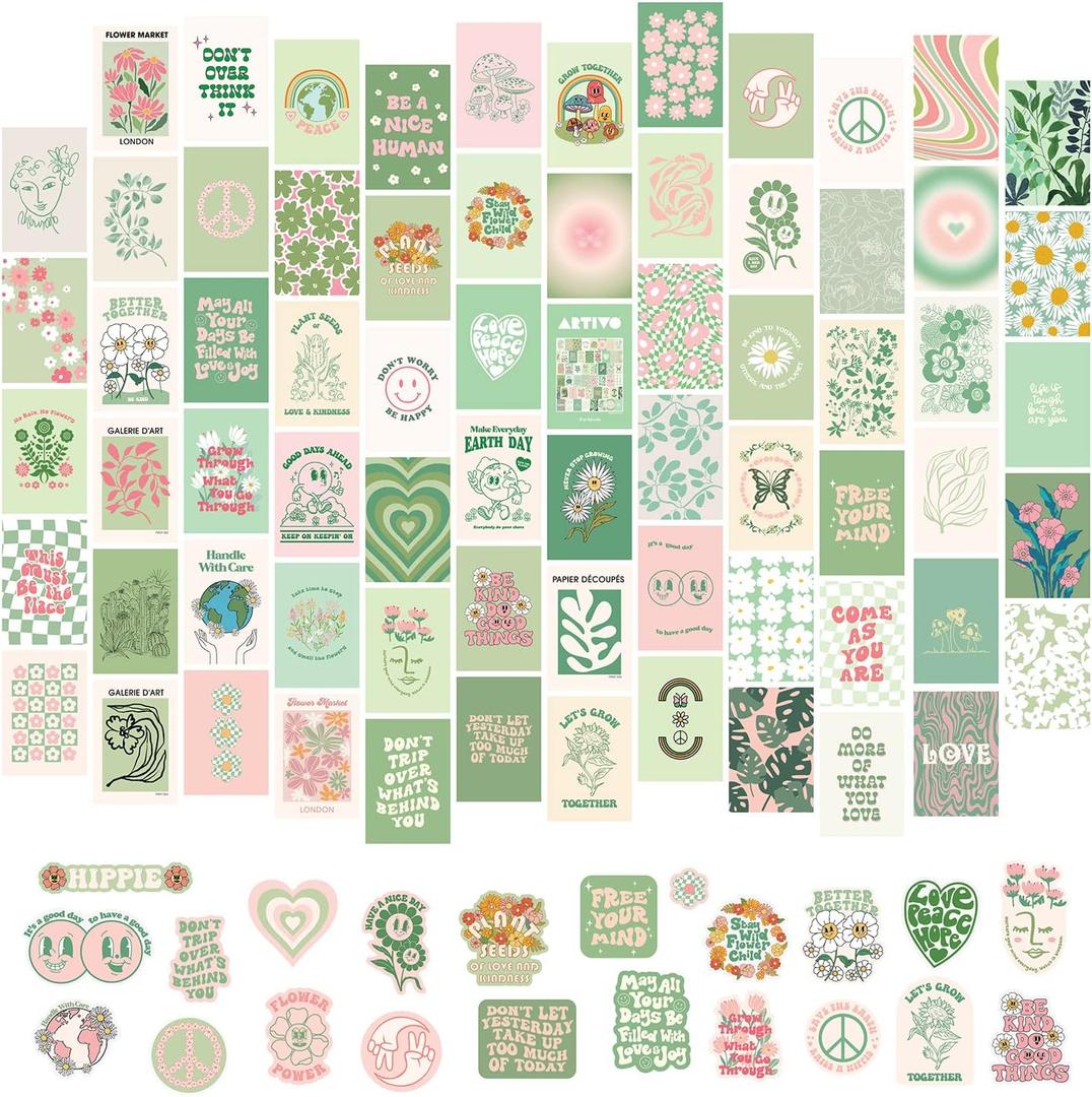 Sage Green Room Decor: 70pcs Green Wall Collage Kit - Preppy Pastel Aesthetic Posters for Girls' Bedroom