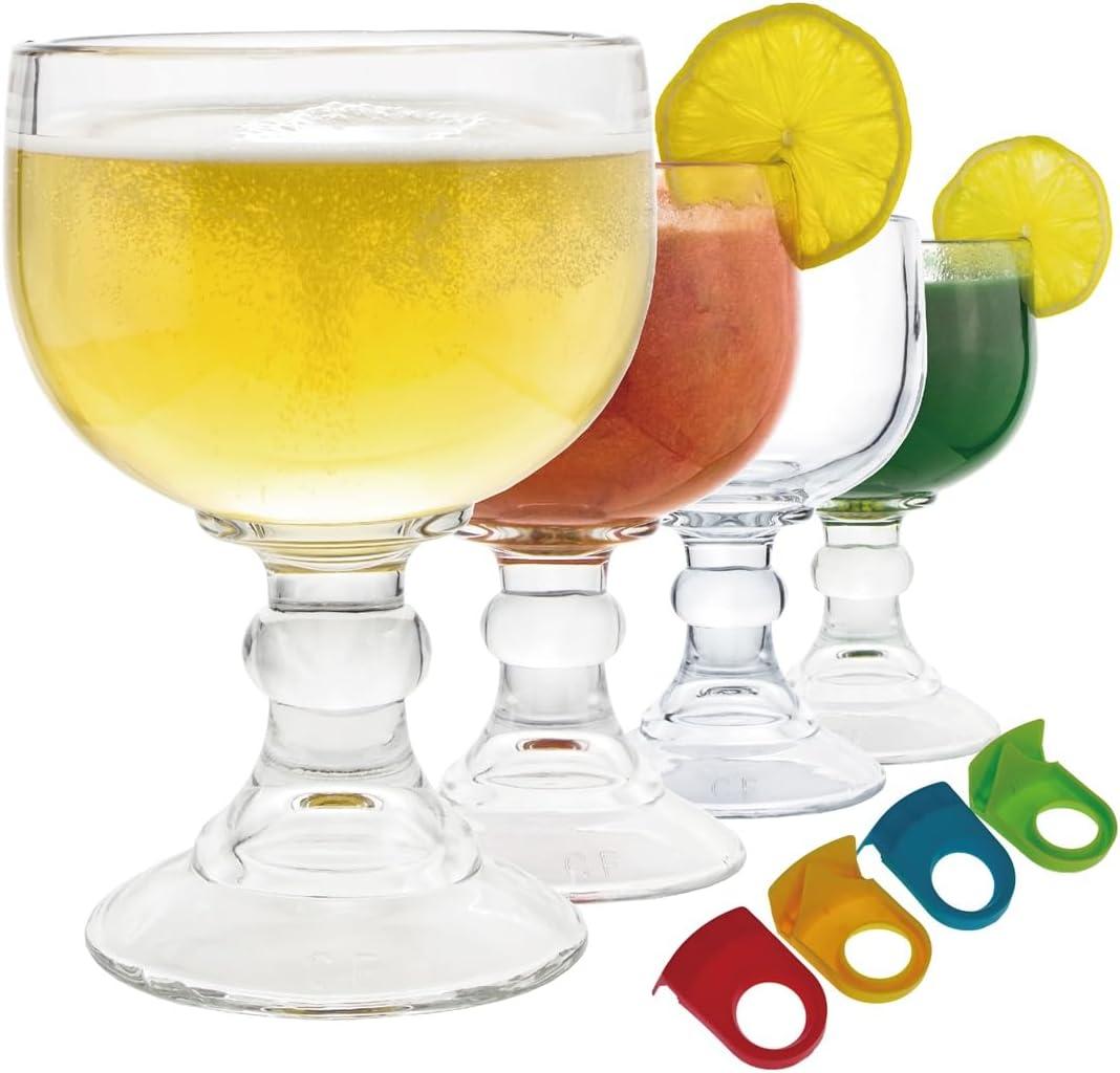 Chefcaptain Margarita Glass Schooner- 21.5 Oz Set of 4 Extra Large Goblet With Clips ZERO LEAD Crystal Style Shrimp Cocktail, Coronaritas, Margaritas Set Of 4 With 4 Color Clips