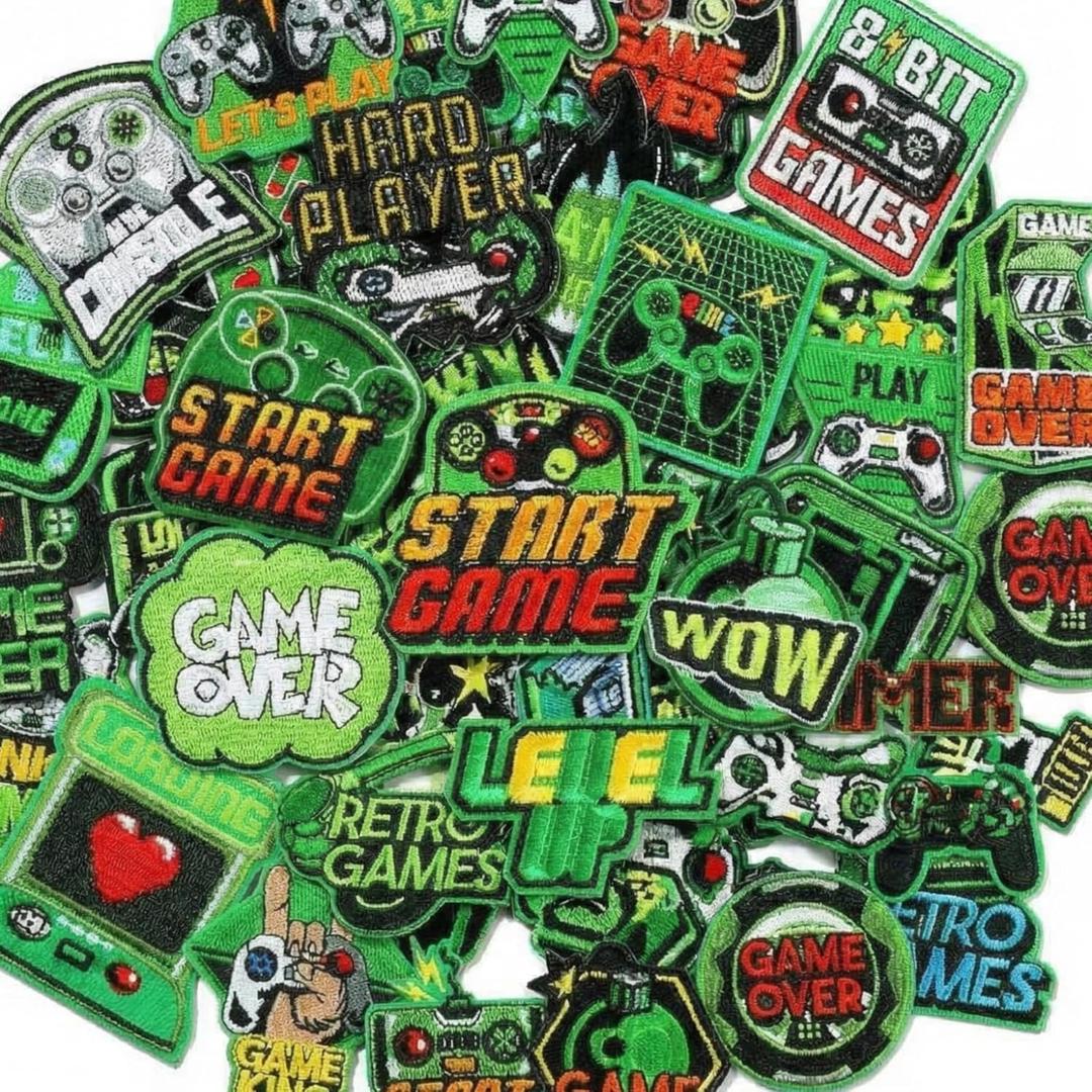 Hotop 48 Pcs Video Game Embroidery Patches Green Pixelated Gaming Sew Iron on Embroidered Applique Repair Iron on Patches for Clothes Boys Gamer Fans