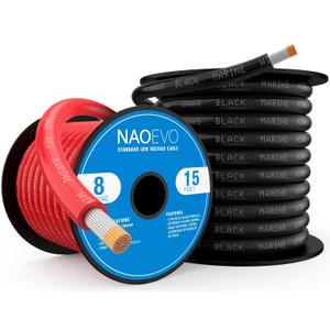 NAOEVO 8 Gauge Marine Wire, 8 AWG Tinned Copper PVC Marine Grade Wire, IP68 Waterproof/Corrosion-Resistant Electrical Cable for Boat, RV, Automotive, Solar, Trolling Motor (15 ft Black + 15 ft Red)