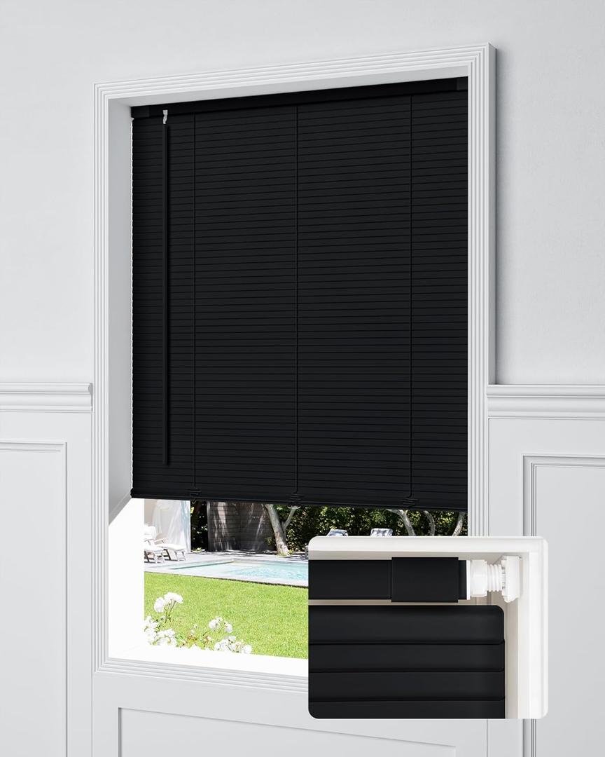 UNISHADES No Drill Blinds for Windows 1" Vinyl L-Shaped Slats Cordless Mini Blinds for Home, for Window Size 29" W 64" H Black