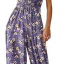 YESNO Women's Casual Overalls Summer Tie Shoulder Smocked Floral Wide Leg Jumpsuits Baggy Rompers with Pockets, Medium