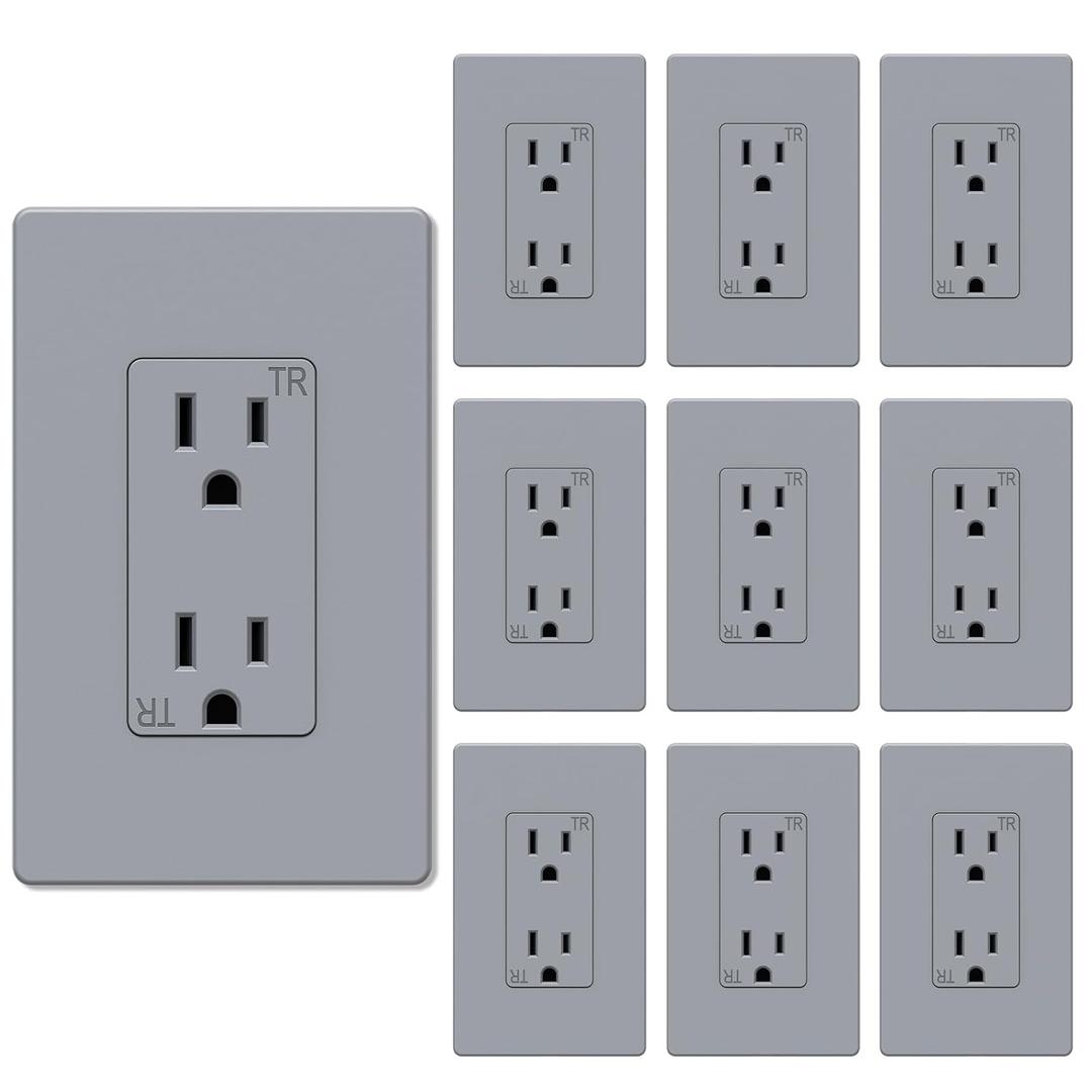 WEBANG 15 Amp Duplex Receptacle Decorator Wall Outlet, Screwless Electrical Outlet Plate Included, 15A 125V, 2 Pole 3 Wire,Self-Grounding, Tamper Resistant, ETL Listed, Matte Grey, 10 Pack