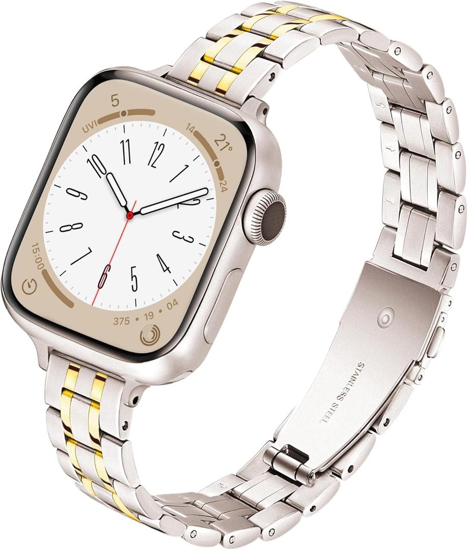 Slim Metal Band for Apple Watch Bands for Women 44mm 45mm 46mm 49 42mm(S3) iWatch Bands, Stainless Steel Thin Dressy Strap for Apple Watch Band Series 11 10 9 8 SE 7 6 5 4 3-Starlight+Gold