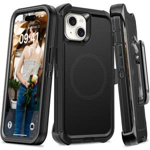 TUTUKII Compatible with iPhone 14 Plus&15 Plus Case with Belt Clip Holster, Military Grade Shockproof, Compatible with MagSafe, 3-Layer, Heavy Duty Magnetic Phone Case Cover, 6.7", Black
