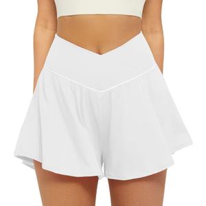 FireSwan Crossover Athletic Shorts for Women 2 in 1 Flowy Running Shorts with Pockets Spandex Butterfly Workout Tennis Skorts (White), M