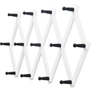 Dseap Accordian Wall Hanger: 16 High Wooden Wall Expandable Coat Rack, Hat Rack Holder, Accordion Hook for Baseball Caps, Coats, Mugs, 13 Peg Hooks, White & Black