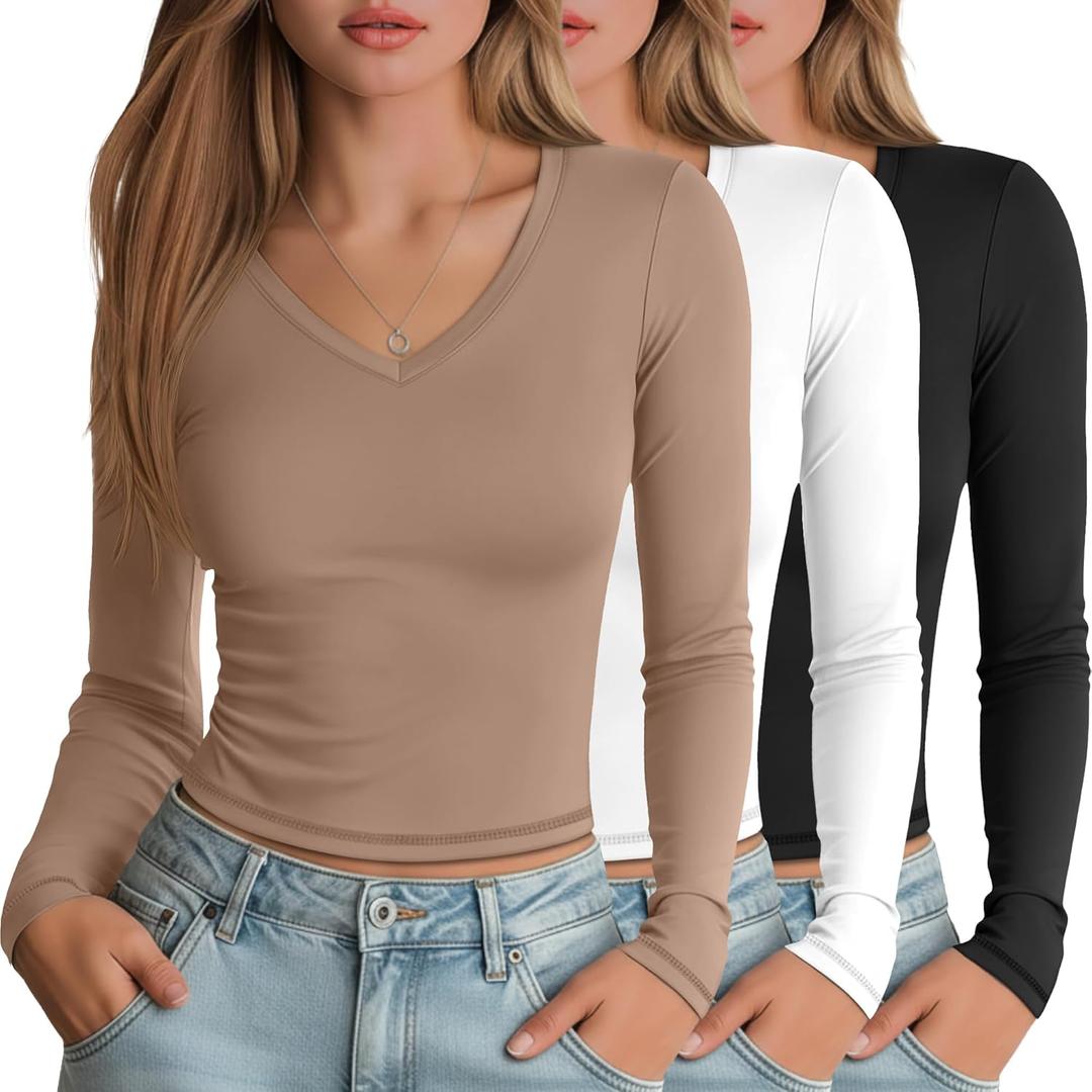 3 Pack Women's Long Sleeve Shirts V Neck Fitted Crop Tops Basic Tight Stretchy Tees Lightweight Layering Clothes, Size: Small (Black, White, Khaki)