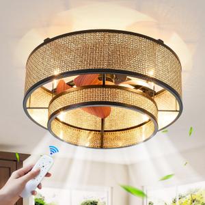 GDLT 18.9" Boho Caged Ceiling Fan with Lights Remote, 4-Light Vintage Rattan Woven Chandelier Fan with Light Reversible Motor, Chandelier Ceiling Fan for Bedroom, Living Room