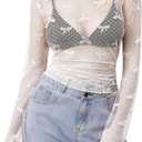 Women Lace Mesh Bow Knot Long Sleeve Tops Mock Neck See Through Sexy Blouse Shirts Sheer Layering Clubwear (White, S)