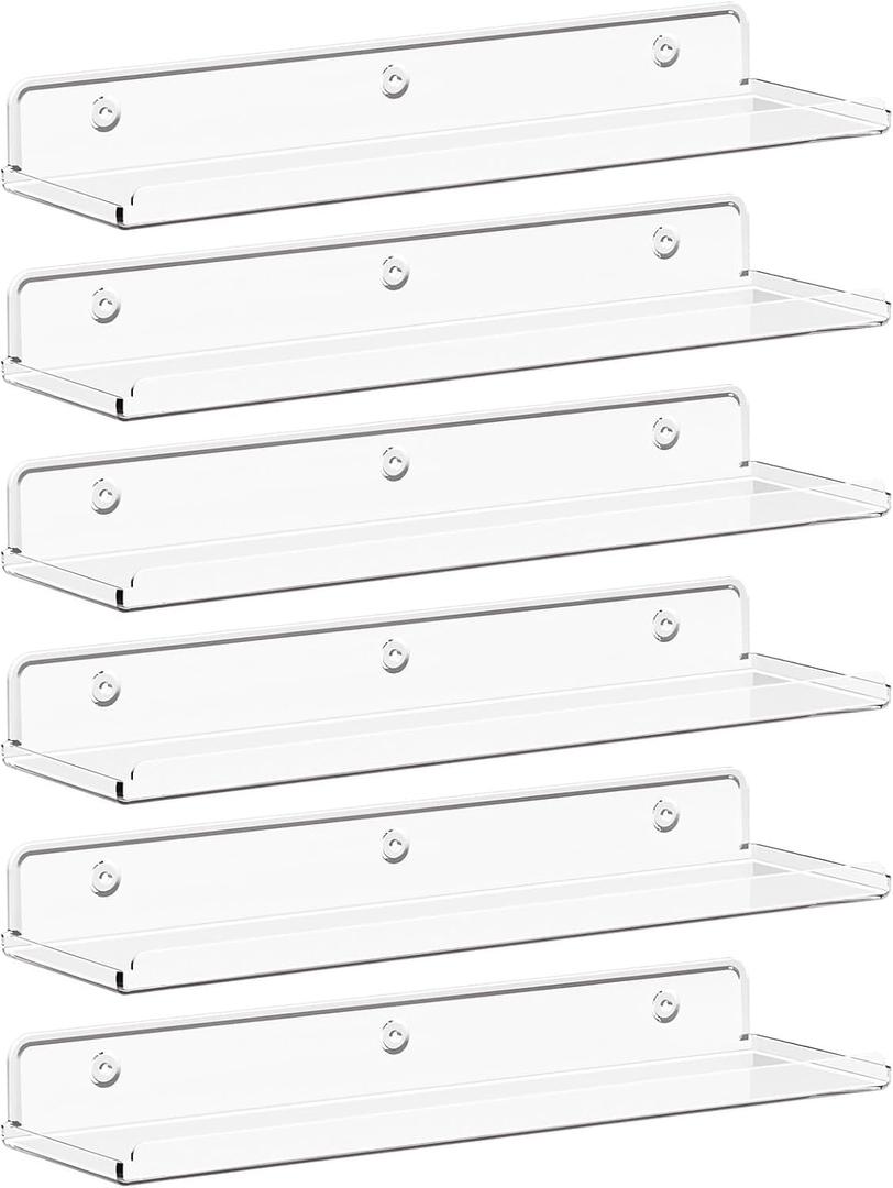 Lifewit Floating Shelves for Wall, 6 Pack 15" Clear Acrylic Shelf Room Decor for Book/Figures/Photo/Makeup in Bathroom, Book Shelf, Living Room, Bedroom, Kitchen Storage and Organization