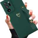 Compatible with Samsung Galaxy Note 20 Ultra Case for Women Girls, Cute Gold Love Heart Pattern with Wrist Hand Holder Stand Soft Silicone Kickstand Protection Cover (Dark Green)