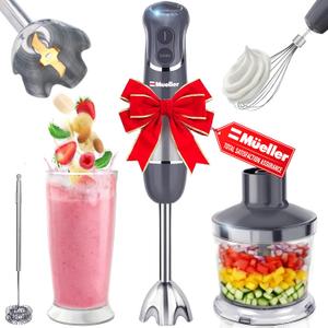 Mueller Multi-stick 5-in-1 Immersion Blender Handheld,12 Speed Hand Mixer-Turbo Boost, Heaviest Duty Copper Motor, Titanium reinforced Blades Hand Blender ,Milk Frother Wand, Whisk, Beaker, Chopper, Grey (Gray)