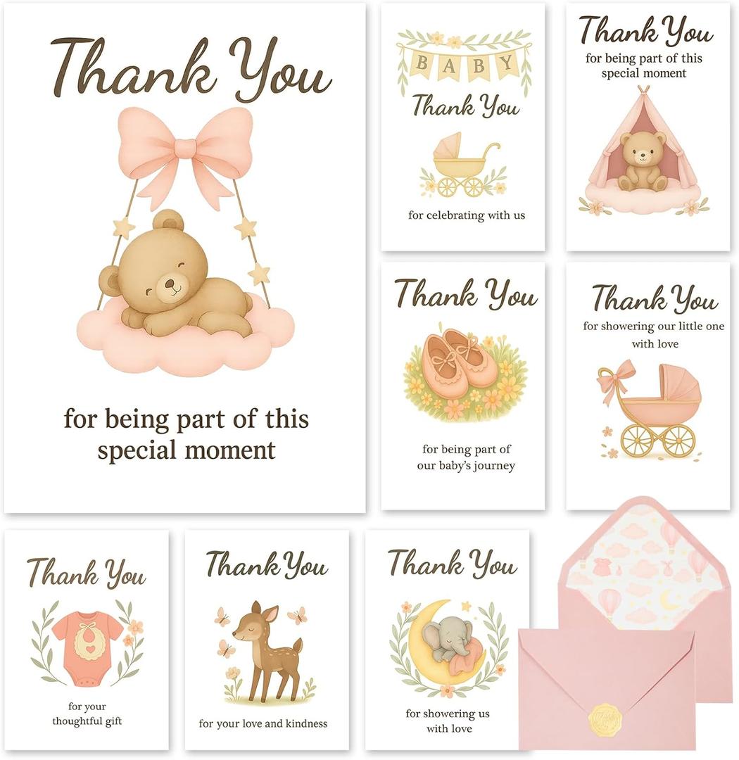C2U Baby Shower Thank You Cards for Girl - 48 Pack with Envelopes & Gold Stickers,Baby Shower Greeting Cards Bulk for Newborn Party