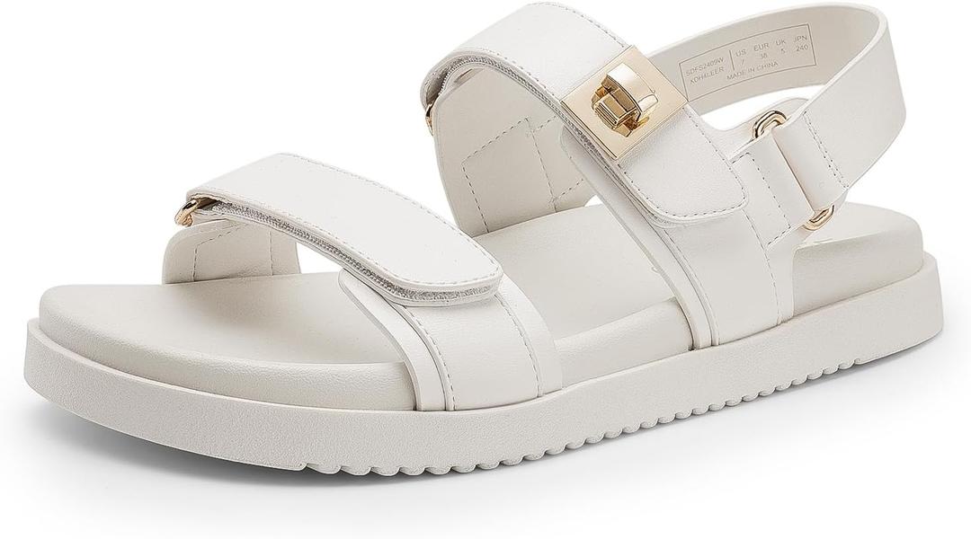 DREAM PAIRS Women's Comfortable Open Toe Flat Sandals Fashion One Band Summer Dessy Sandals (6, White)