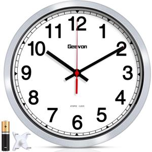 Geevon 10 Inch Atomic Wall Clock - Self-Setting Analog Clock with Automatic Time Sync - Battery Operated for Home Office School - Silver Frame