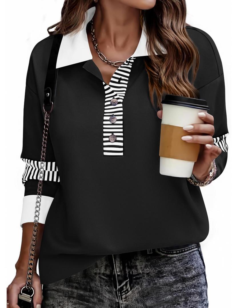 Zeagoo Sweatshirt for Women 2025 Color Block Fall Shirts V Neck Tops Loose Fit blouses long sleeves Polo Pullover Black L