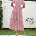 BTFBM Summer Dresses for Women 2025 Vacation V Neck Loose Short Sleeve A Line Tiered Flowy Casual Midi Beach Dress (Pink, S)