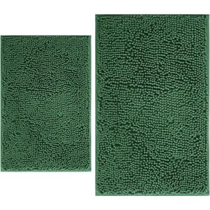 BOANKODU Bathroom Rugs Sets 2 Piece, Extra Soft Chenille Bath Mat Absorbent Bathroom Rug, Bathroom Mat with PVC Non-Slip Bottom, Machine Washable Bath Rugs (32x20 Inch + 24x16 Inch, Dark Green)