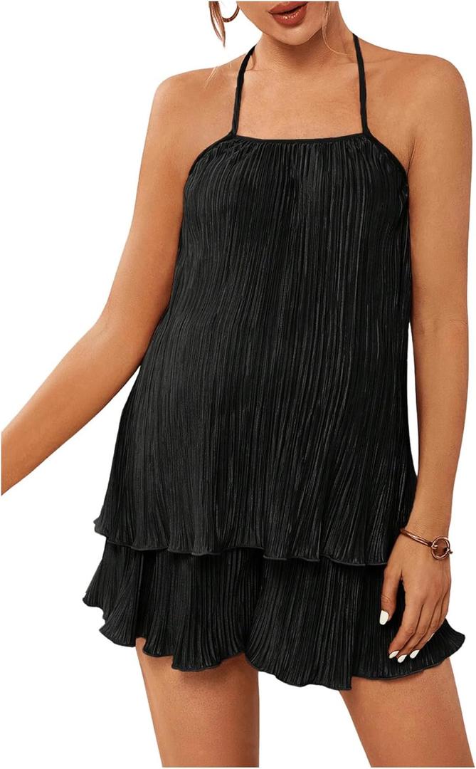 OYOANGLE Women's Maternity 2 Piece Pajamas Outfits Textured Cami Halter Top and Shorts Lounge Set (X-Large, Black)