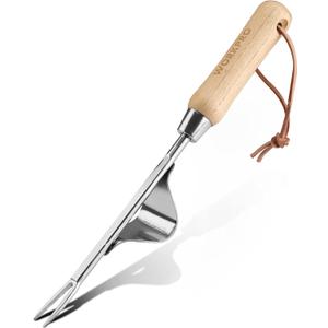 WORKPRO Weed Puller Tool, Metal Leverage Base and V-Shaped Forks for Easy Weed Removal & Deeper Root Digging, Heavy Duty Stainless Steel with Wood Handle, Manual Hand Weeder for Gardening