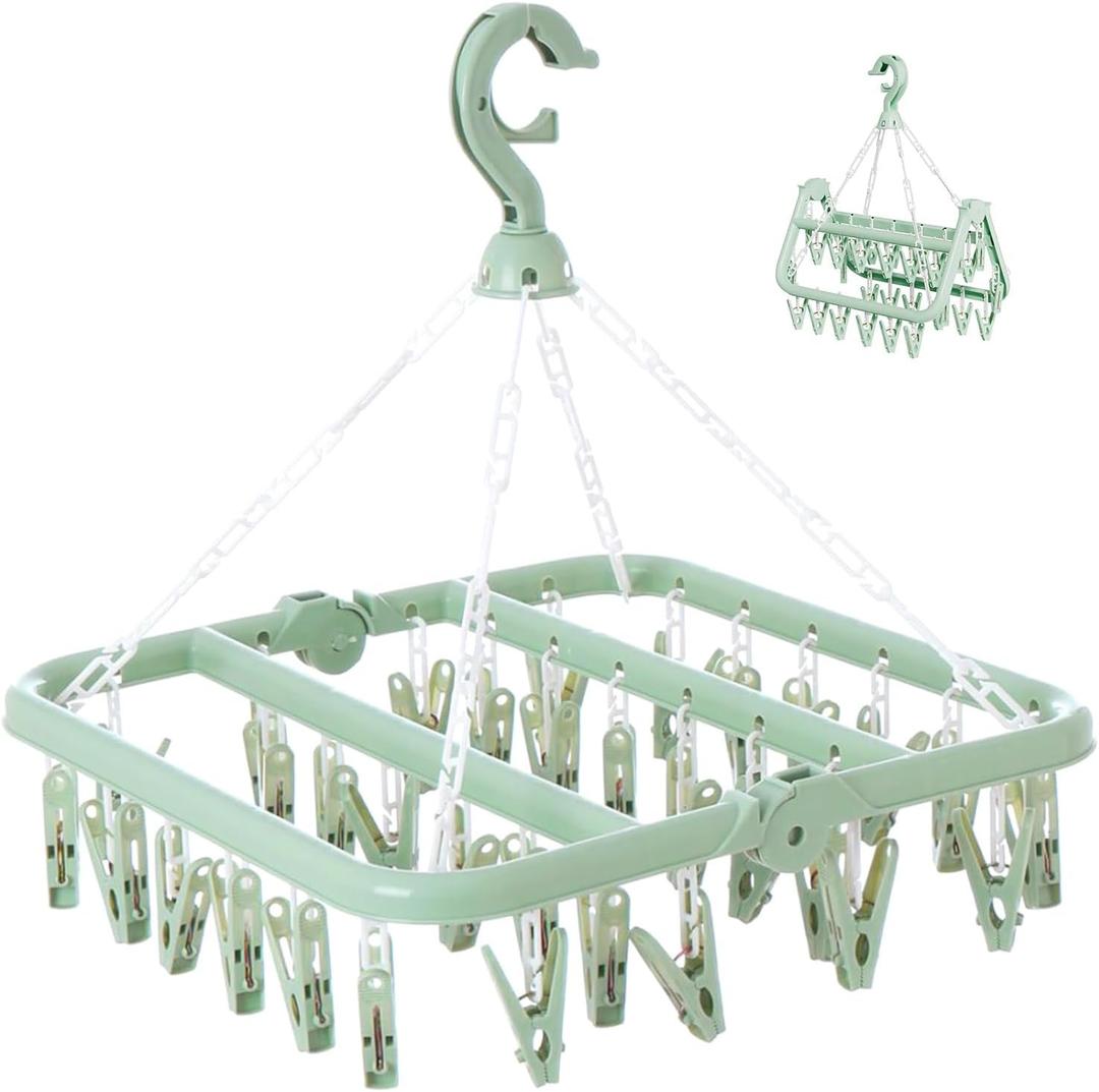 Clothes Drying Rack with 32 Clips, Foldable Hanging Rack, 360 Rotatable Hook for Drying Socks Baby Clothes Towels Gloves(Light Green)