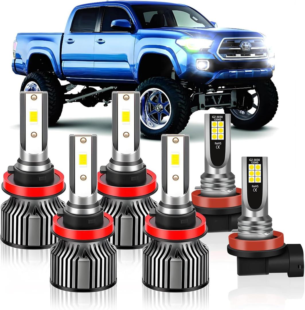 Compatible For Toyota Tacoma 2016 2017 2018 2019 2020 2021 2022 2023, High Beam+Low Beam+Fog Light Bulbs, 6500K White, 400% Brightness with Cooling Fan, Plug and Play, Waterproof, Pack of 6
