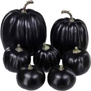 Winlyn 7 Pcs Assorted Artificial Black Pumpkins Halloween Faux Rustic Decorative Foam Pumpkins for Fall Halloween Thanksgiving Tabletop Centerpiece Mantel Kitchen Decor