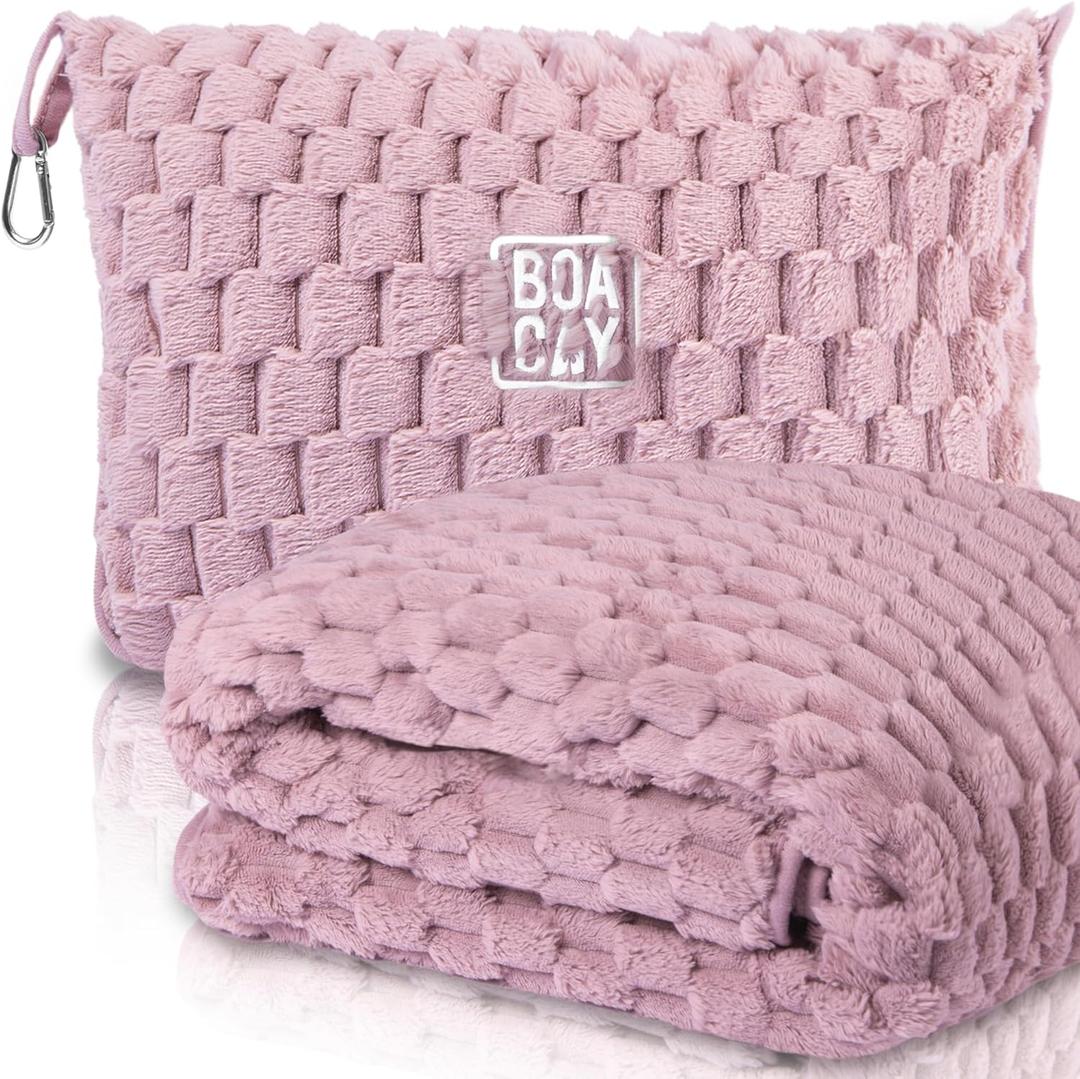BOACAY Packable Travel Blanket for Airplane, Car - Compact Office Blanket - Portable Pillow for Adults, Kids with Case, Luggage Sleeve, Backpack Clip (Single, Pink)