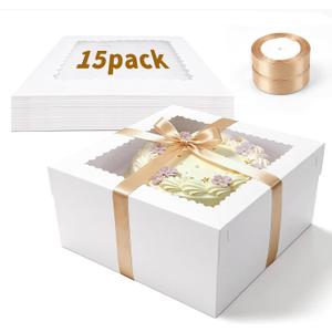 15 Pcs 14x14x6 inch Cake Boxes with Window, Includes 2 Rolls Ribbon