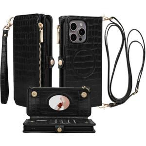Crossbody Wallet Case for iPhone 15 Pro Max with Mirror, Wrist Strap, Zipper Purse Magnetic Flip RFID Blocking Card Holder, Wireless Charging, PU Leather Shockproof 6.7" Women (Black)