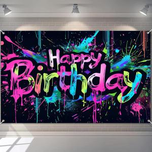 HOMETITUTE Neon Happy Birthday Banner 120x84 inch Photography Backdrops Party Background Decorations Colorful Graffiti Splash Paint KidsBirthday Supplies Glow in The Dark