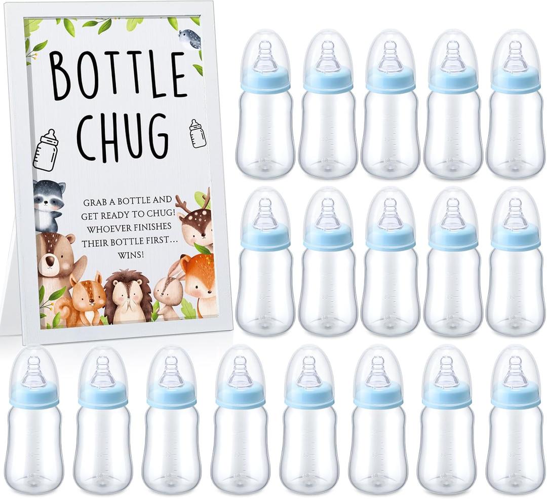 Roowest Bottle Chug Baby Shower Game Favors Including Woodland Animal Theme Wooden Sign and 18 Pcs Baby Bottles for Gender Reveal Party Supplies (Blue)