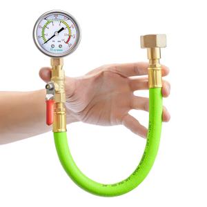 Stainless Steel Water Test Pressure Gauge Kit 2" Dial Size,Gauge+12" EPDM Rubber+1/4" LF Valve+1/4 to 3/4 Adapter, Lower Mount with Liquid Filled 0~200 PSI(Color Coded)