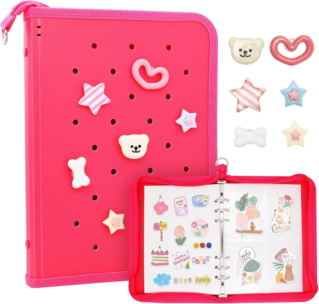 Sticker Organizer Binder Reusable Sticker Storage Book Collecting Album with Blank Release Paper and Pocket and DIY Charm, Zipper Design Sticker Binder Album for Collecting Sticker (HOT Pink)