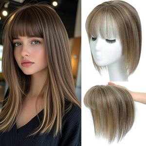 Hair Toppers for Women Real Human Hair, 360 3D Human Hair Toppers for Women with Thinning Hair Upgrade Middle Part Clip in Bangs (P4/27(Big Coverage), 12 Inch-3D-Wispy)