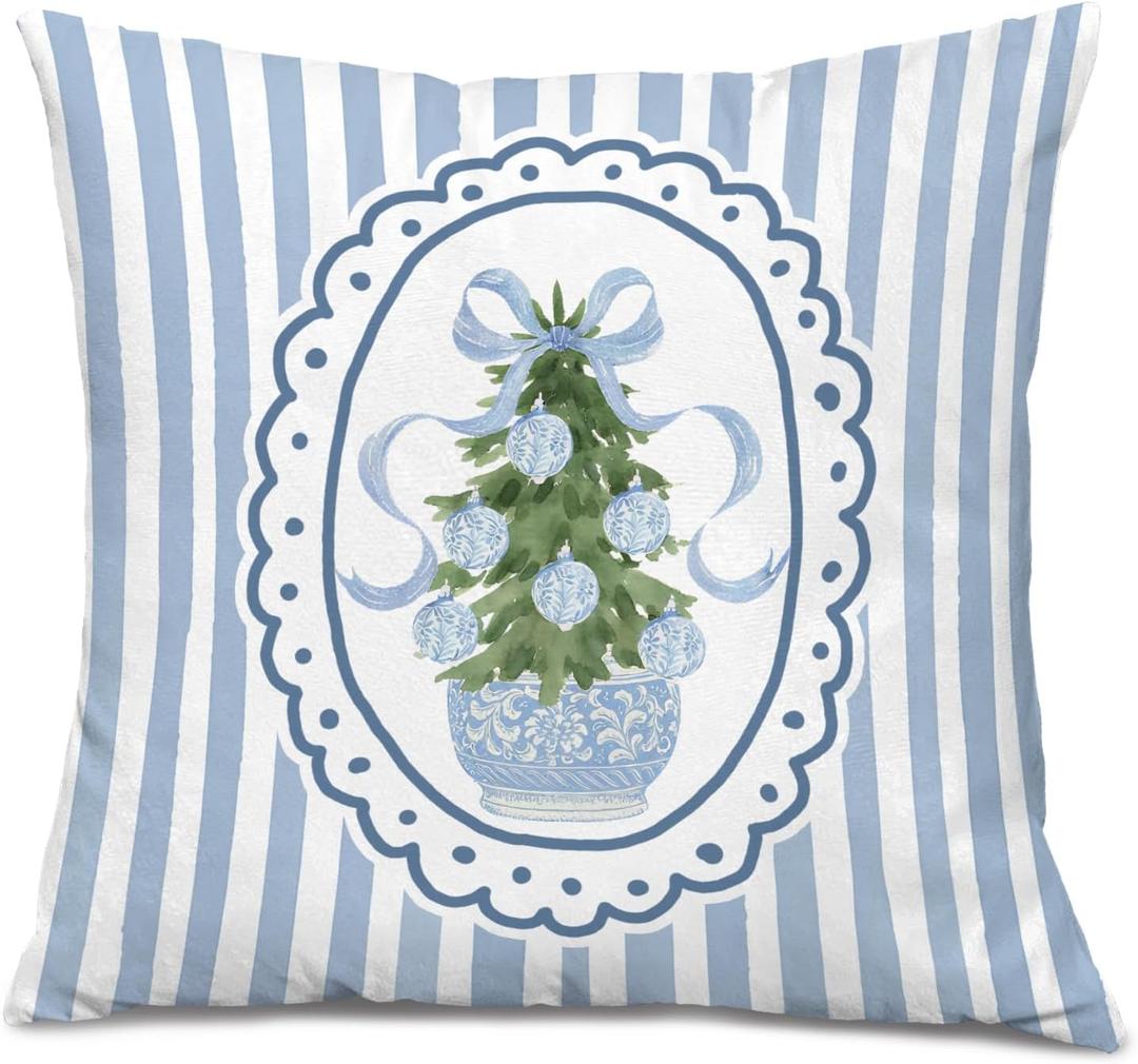 Blue and White Chinoiserie Christmas Tree Pillow Covers 18x18, Preppy Girly Christmas Decor, Coquette Bow Xmas Tree Decorative Throw Pillow Covers for Girls Bedroom Living Room Home (Color 15)