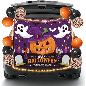 Halloween Trunk or Treat Car Decorations Kit for SUV, Happy Halloween Car Decorations with Lighted Backdrop Cute Ghost Spider Cutouts Balloons for Archway Garage Haloween Party Decor (Purple)