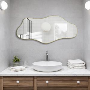 Irregular Wall Mirror, 40"x17.7" Gold Asymmetrical Frameless Mirror, Modern Organic Shaped Mirrors for Living Room Bedroom Hallway Entryway, Horizontal or Vertical Hanging
