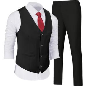 Wehilion Men's Suits 2 Pieces, Vest Pants Set for Men, V-Neck Slim Fit Casual Suit Waistcoat (XX-Large, Black)