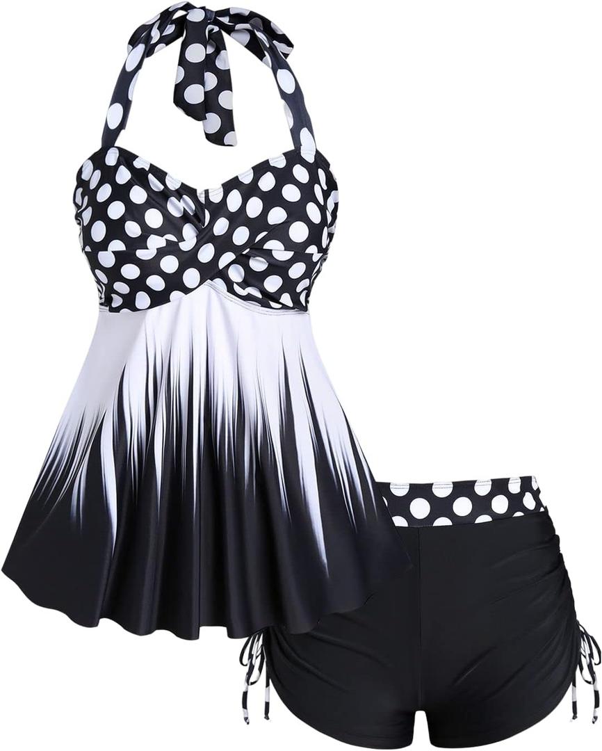 Rosegal Womens Plus Size Polka Dot Halter Twist Cinched Ruched Boyshorts Tankini Swimwear (3XL, Black_4)