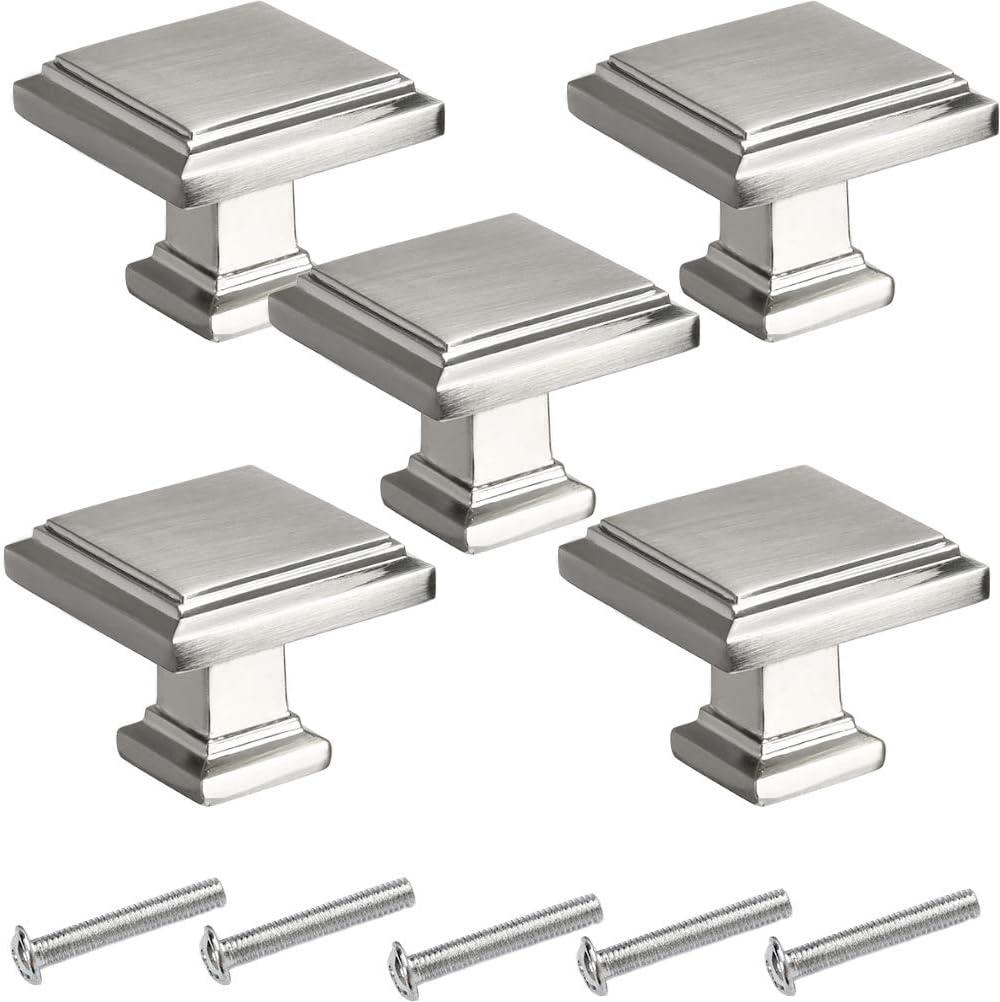 5 Pack Cabinet Knobs Brushed Nickel, Kitchen Cabinet Hardware Square Knobs, Stainless Steel Cabinet Knobs for Dresser Drawers, 1-1/4 inch