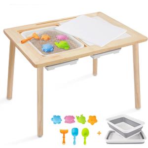 Kids Table for Play Study Dining, Upgrade Sensory Table for Toddlers, Indoor Outdoor Play Sand Activity Center, with 2 Large Storage Bins, 7 Sand Toys, Birthday for Children