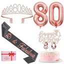 80th Birthday Decorations for Women with Black 80th Birthday Sash and Crown, Cake Topper and Candles, Number Balloons Rose Gold, 80 Year Old Gifts for Women