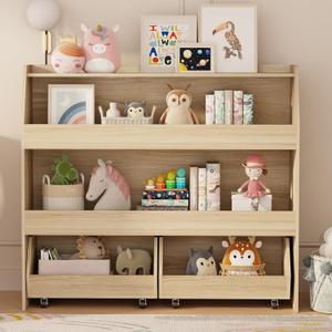 COZPAW Toy Storage Organizer, 3 Tier Montessori Shelf with Movable Bins (Wood), Medium