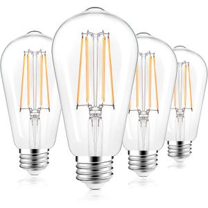 PARTPHONER LED Light Bulbs Dimmable Vintage Edison Bulb, E26 LED Bulb 60W Equivalent 720 Lumens, Warm White 2700K, ST58 Antique LED Filament Bulb CRI 85+, Clear Glass, Pack of 4