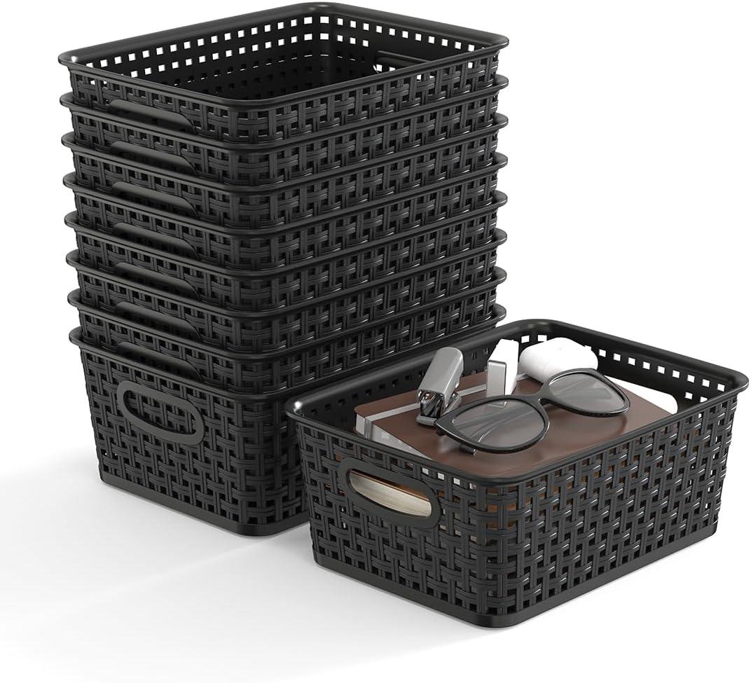 9-Pack Plastic Woven Storage Baskets Set - Black Organizer Bins for Shelves, Kitchen Pantry, Bathroom, Office | 10.1"L x 7.55"W x 4.1"H | Multi-Purpose Shelf Basket Organizers