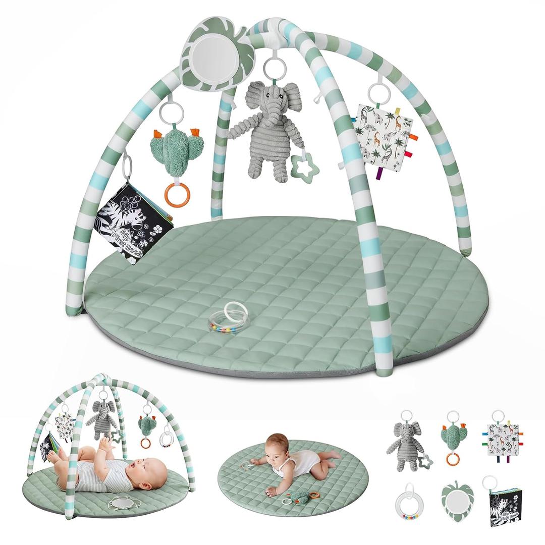 Blissful Diary Baby Play Gym Mat, Tummy Time Mat with 6 Detachable Toys for Stage-Based Sensory & Motor Skill Development, Baby Activity Mat Easy to Install & Clean, Baby Essentials Gift, Sage Green (Sage Green)
