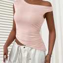 Womens 2025 Summer Off The Shoulder Crop Tops Sleeveless One Shoulder Ruched Asymmetrical Y2k Going Out Tank Top (Pink, L)
